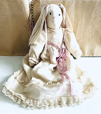 Vintage Handmade Floppy Ear Bunny Rabbit Doll (Linen/Lace Dress W/Pink Ribbons) • $49.99