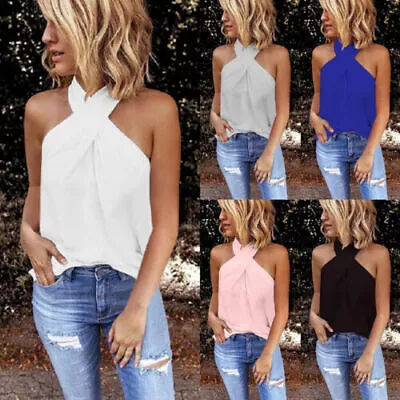 Womens Halter Neck Tank Tops Vest Ladies Sleeveless Casual Solid Summer T-Shirt • £10.39