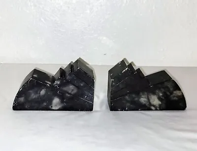 Vintage 1970s Black White Geometric Marble Bookends Mountain Silhouette Pair MCM • $44.99