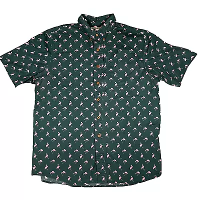 Duluth Trading Short Sleeve Button Shirt Men's LT Green Flamingo AOP • $11.24