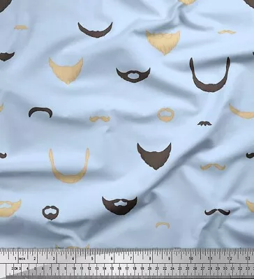 Soimoi Blue Cotton Poplin Fabric Mustache Face Print Sewing Fabric-w1r • $10.29