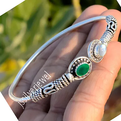 Moonstone & Green Onyx Gemstone 925 Sterling Silver Friends Cuff Bracelet/C-745 • $20.29