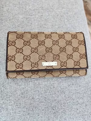 Vintage GUCCI GG Logo Canvas Leather Long Bifold Brown Wallet  • $83.97