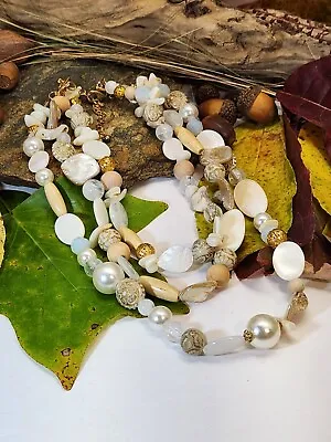 Necklace Vintage Genuine Shell Maui Hawaii 15  Wood Charm White Beach Layered • $29.88
