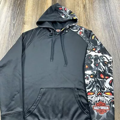 Vintage Harley Davidson Hoodie Womens XXL Black Sweatshirt Skull Flames Shield • $29.96