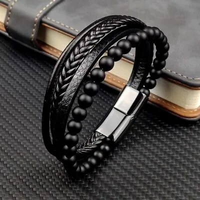 £5.79 • Buy Mens Black Leather Bracelet Wristband Stainless Steel Clasp Jewellery Gift New