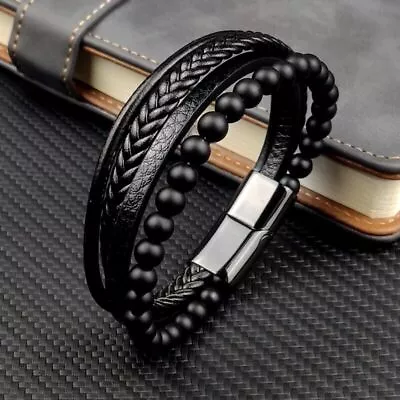 Mens Black Leather Bracelet Wristband Stainless Steel Clasp Jewellery Gift UK • £4.69