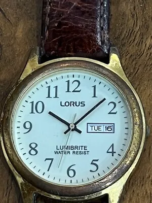 Retro Lorus Lumibrite VX33-X034 Day/Date WR Quartz Gents Leather Watch - Working • £19.99