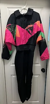 Vtg 80s Women Sz 12 Snuggler Neon Geometric Pink Black Belted Ski Suit Retro • $140