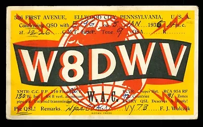 QSL Card Radio USA W8DWV 1936 Ellwood City PA F J Walczak ≠ A1001 • $12.31