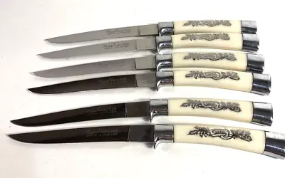 Vintage 6pc Steak Knife Set Masterpiece Super Stainless Silver Inlay Japan • $9.99