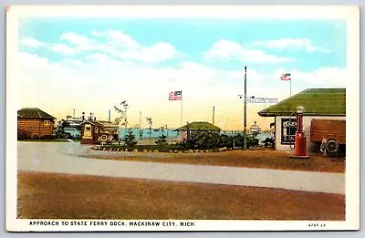 Mackinaw City Michigan~Ferry Dock Approach~Cecil Cafe~Vintage Gas Pump~1920s PC • $9.99