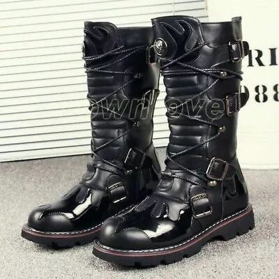 Mens Gothic Punk Lace Up Knee High Boot Military Motorcycle Biker Shoes Fashion • $58.94