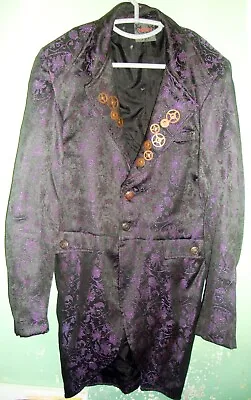 Raven Black & Purple Brocade Steampunk Jacket Coat Size Large Gothic Pirate • £60