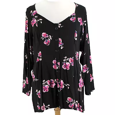 Torrid Fit And Flare Challis Button Up Top Size 4 Black Pink Floral Long Sleeve • $29.99