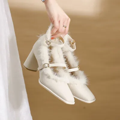 Women's Square Toe Retro Pumps High Heels Mink Fur Trim Mary Jane Shoes • $70.01