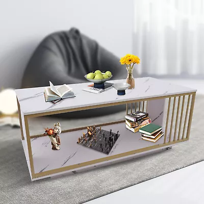 Modern White GOLD Coffee Table High Gloss Marble Veneer Rectangle Table For Home • $124.99