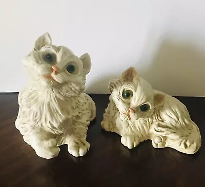 VTG Universal Statuary Corp Set Of 2 White Cats / Kittens With Green Eyes 1975 • $29