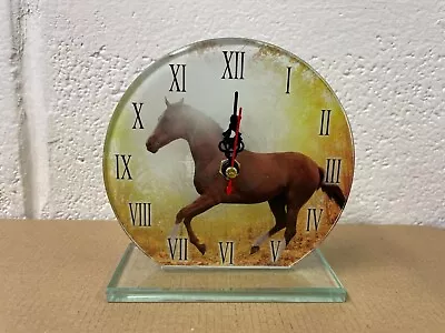 Brown White Trotting Horse Glass Freestanding Clock Mantelpiece Desk 13x13cm • £14.95