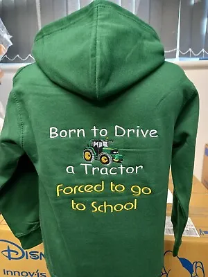 Born To Drive A Tractor Child 9-11yr Green Embroidered Hoodie JD Farming Spring • £24