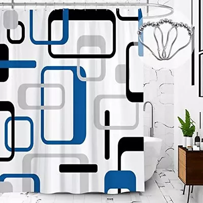 BBLYANU Modern Blue White Shower Curtain Black And Blue Geometric Fabric Show... • $22.79