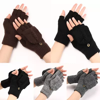 Men Women Winter Wool Knitted Convertible Mittens Flap Fingerless Gloves Thermal • $5.33