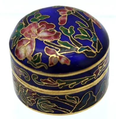 Vintage Round Brass Enamel Cloisonne 1.75  Trinket Box Blue + Pink Floral Design • $14.99