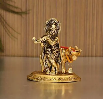 Lord Cow Krishna Idol Statue Murti Krishan With Kamdhenu Hindu God Religious • £34.14