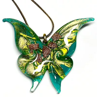 Signed Murano Art Glass Gold Foil Aventurine Butterfly Pendant Necklace • $50