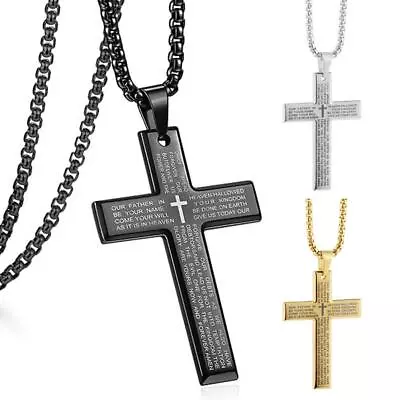 Cross Pendant Necklace For Men Boys Stainless Steel Lord's Prayer Bible Chain US • $1.94