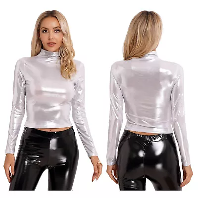£16.21 • Buy Women's Shiny Metallic Crop Top Long Sleeve Turtleneck T-shirt Blouse Clubwear