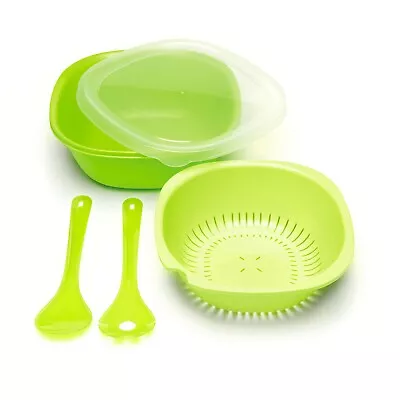 Amuse Green Salad Bowl Set With Lid Utensils & Colander 5 Pieces Salad Server • £11.80