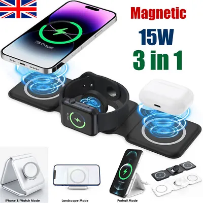 3 IN 1 Foldable 15W Magnetic Wireless Charger Mat Pad For IPhone Apple Watch UK • £12.33