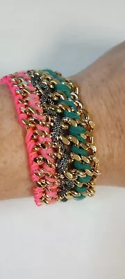 Victoria's Secret Bracelet Pink Teal Ribbon Woven Gold Chain Limited Edition • $10.87