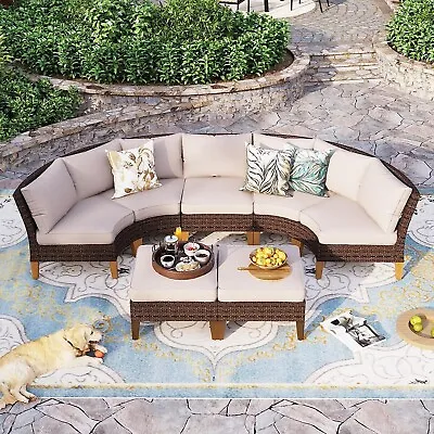 Outdoor Patio Furniture Sets Half-Moon Curved Sectional Sofa Rattan Wicker Set • $828.99