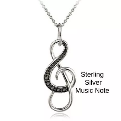 Music Charm Necklace Sterling Silver CZ Black Music Note Crystal Pendant Jewelry • $8.99
