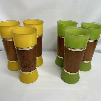 Lot Of 6 Vintage Siesta Ware Frosted Tiki Bar Tumblers Wood Sleeves Island Theme • $26