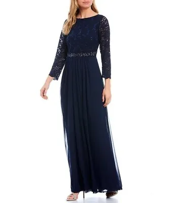 Marina Navy Blue Sequin Lace 3/4 Sleeve Beaded Waist Chiffon Gown  Size 10 $159 • $98.98