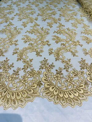 Gold Lace Fabric Corded Flower Embroider With Sequins On Mesh Fabric By Yard • $24.36