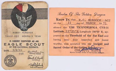 1960 Eagle Scout & 1971 Order Of Golden Dragon Membership Cards BSA TN Vintage • $19.95