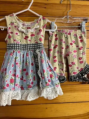 Mustard Pie Floral & Gingham Dress & Pants Outfit Girls Eyelet Trim Sz 6 Months • $34.99