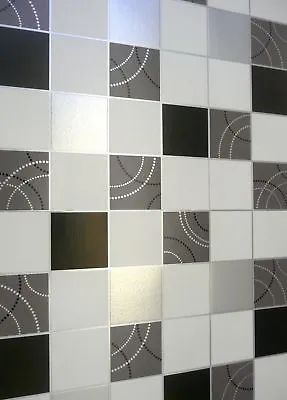 £12.95 • Buy Vinyl Washable Kitchen Bathroom Tile Dotty Wallpaper Black White Silver