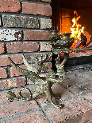 $255 • Buy Rare Winged Dragon Brass Griffon Firebird Candle Holder 3 Arms 19th Century