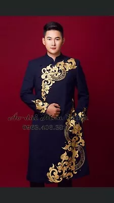 Black Or Navy Blue Embroidered Vietnamese Traditional Long Dress For Men • $84.95