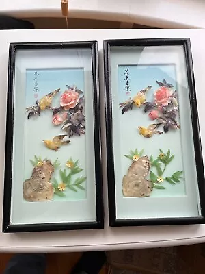 Vintage Asian Chinese Box Shell Art - Charming Pair Of Pictures Of Birds/flowers • $74.59