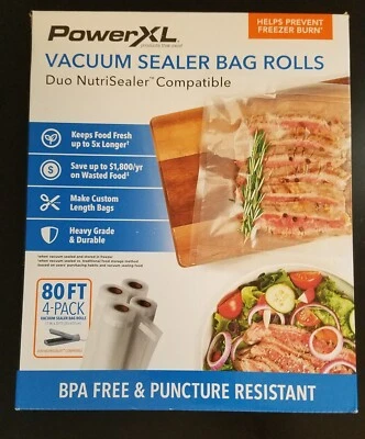 $29.95 • Buy PowerXL Duo Nutrisealer Vacuum Sealer Bag Rolls, 4 Pack, 80 Ft Total, 11  Wide