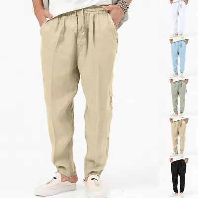 Men's Cotton Linen Drawstring Long Pants Casual Elastic Waist Sports Trousers • £12.89