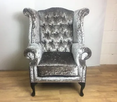 Champagne Crushed Velvet Queen Anne Wing Chair - Black Legs • £410