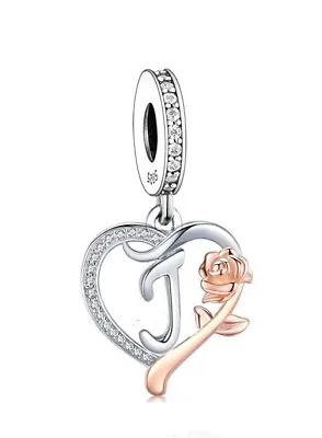 £19.99 • Buy Letter J Name Initial Heart & Rose Dangle Charm 💜 925 Sterling Silver