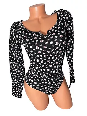 Victorias Secret PINK Long Sleeve Pull On Body Suit Black Floral Roses XL • $8